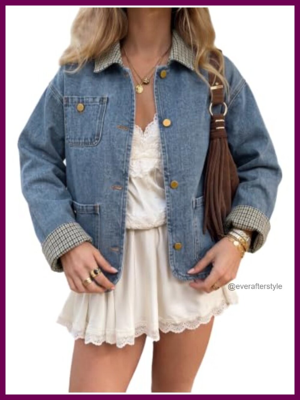 Womens Cropped Denim Jacket Button Down Plaid Trim Jean Coat